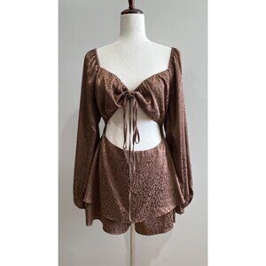 Lel Lis Collection Satin Romper Womens M Brown Leopard Print Cutout Mid Drift